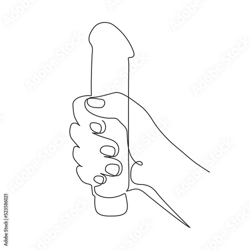 Hand holding vibrator,one line art,continuous contour.Hand drawn palm with dildo.Adult goods concept.Editable stroke. Isolated. Vector illustration