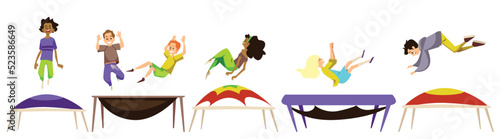 Happy people, kids and teens jumping on trampoline, flat vector illustration isolated on white background.