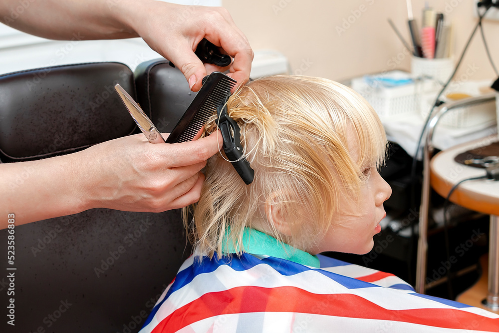 Fototapeta premium Little blond child boy getting haircut in beauty salon,barbershop. Hairdresser stylist cutting hair with professional tools-comb and scissors.Kids spa.Style and fashion,cutting hair for children