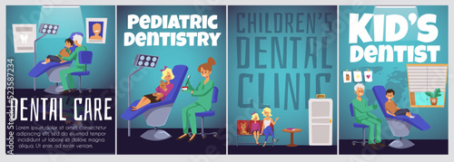 Kids dentist and dental clinic posters templates with space for text, flat vector illustration.