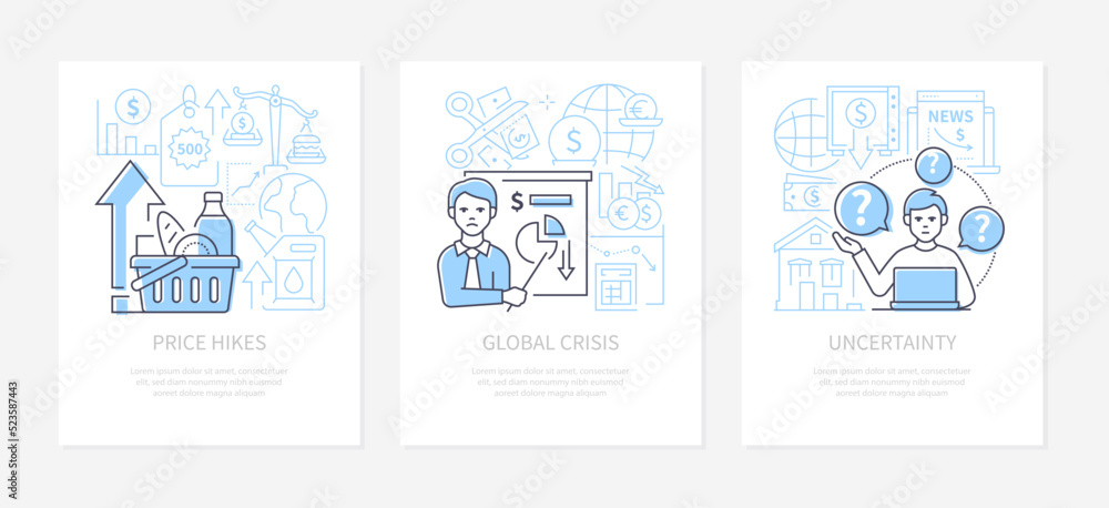 Price hikes and global crisis - line design style banners set Price hikes and global crisis - line design style banners set