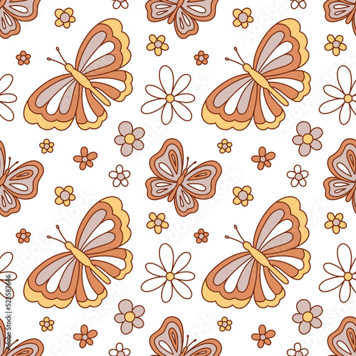 Retro hippie summer groovy butterflies and flowers. Vector seamless pattern. Boho natural retro colours butterflies among daisies.