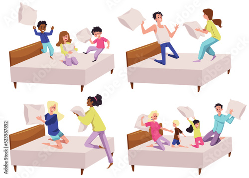 People in pajamas fighting with pillows on the bed, flat vector illustration isolated on white background.