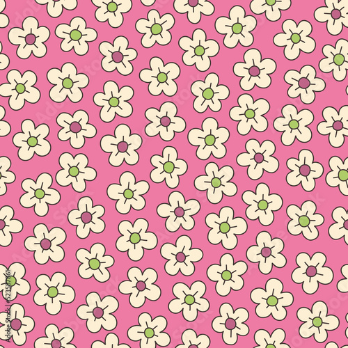 Colorful Ditsy Hand-Drawn Floral Vector Seamless Pattern. Retro 70s Style Nostalgic Daisies. Fashion Textile Bold Background. Summer Resort Print. Flower Power