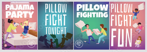Pillow fight and pajama party invitation posters or flyers, flat vector illustration.