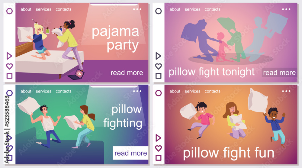 Pajama party and pillow fighting fun banners or posters flat vector illustration.