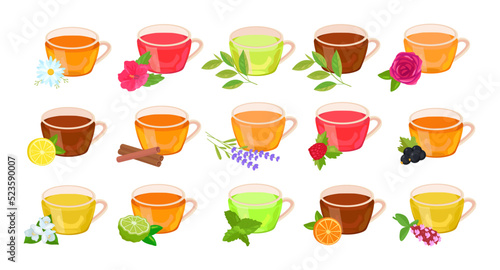 Set of tea of ​​different types.  collection of popular drink in cartoon  style. Glass cups isolated on white background. BERGAMOT, LEMON, ORANGE, MINT, BERGAMOT, KARKADE, CURRANT, ROSE, LAVENDER