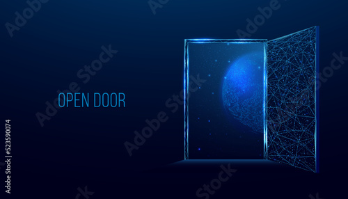Open door to space, universe. .Banner with glowing low poly door on dark blue background. Wireframe low poly design. Abstract futuristic vector illustration.