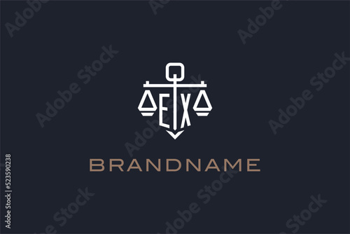 Initials EX logo for law firm with shield and scales of justice modern style