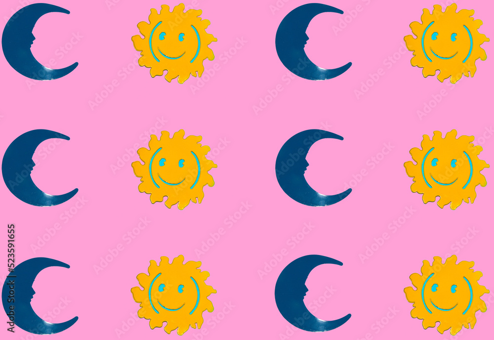 Obraz premium sun and moon copied on pink background, creative art pattern 