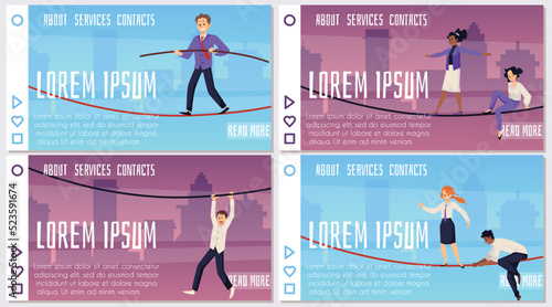 Man, woman walking on tightrope, rope, set horizontal home page, vector flat illustrations.