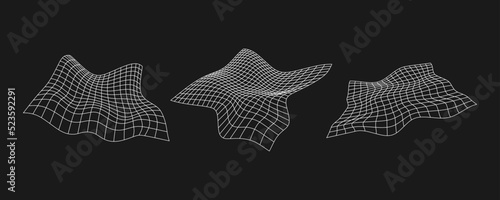 Set of cyber distorted grids, retro punk design elements. Wireframe wave geometry mesh on black background. Vector illustration.