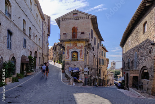 Small square in ancient town of Assisi in Umbria, Italy