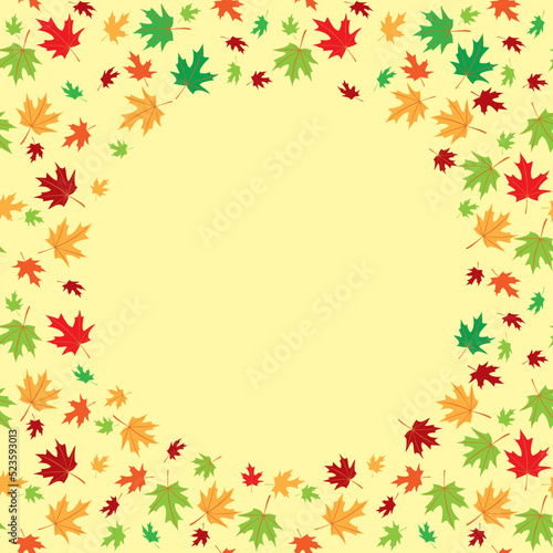 yellow autumn background with bright maple leaves and center frame - vector template