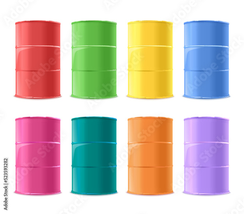 Metal barrels templates set in colors realistic 3D vector illustration isolated.