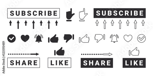 Subscribe buttons and notification bells. Social media interface icons. Message bell icons. Vector illustration