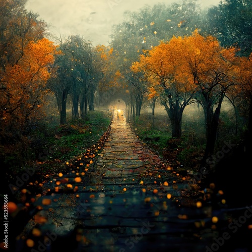 Surreal path of gratitude in forest with amazing light  3d illustration