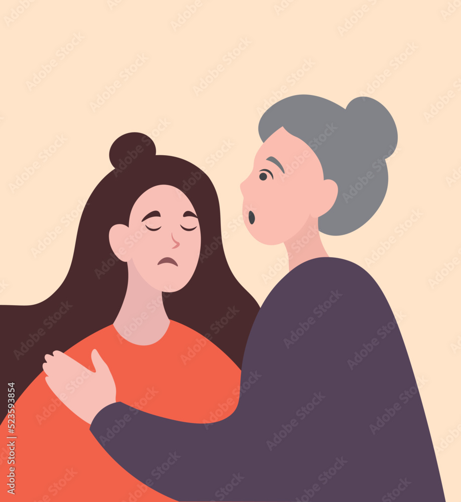
Vector illustration. sad girl crying. grandmother calms and supports. a family. two womans. pair. portrait and profile. girlfriends. mother and daughter.