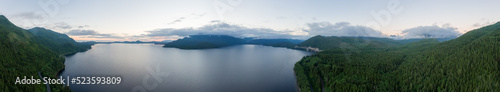 Aerial Panoramic View of Kennedy Lake. Near Ucluelet and Tofino, Vancouver Island, BC, Canada. Nature Background.