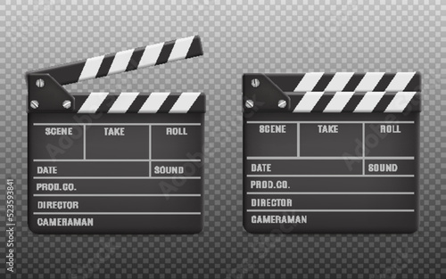 Movie clapboard mockups set realistic vector illustration isolated transparent.