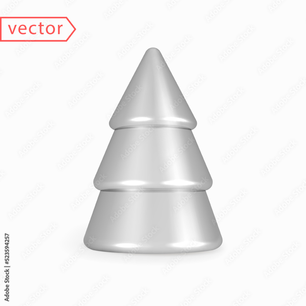 Silver Cone Christmas Tree. 3D render of realistic abstract Silvern Figurine Christmas Tree isolated on white background. Winter Holiday Decoration. 3d Render Vector Silver Cone Christmas Tree. 3D render of realistic abstract Silvern Figurine Christmas Tree isolated on white background. Winter Holiday Decoration. 3d Render Vector