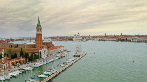 Aerial view large port seaworthy transport large wide pond nice view water large water canal in Venice old town in Italy exciting tourist boat trip interesting tour excursion bay historical attraction