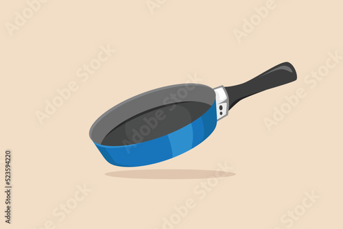 Blue teflon skillet. Kitchen appliance concept. Flat vector illustration isolated.