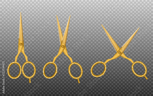 Set of three golden realistic hair scissors, vector illustration