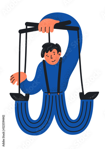 Self controlling man. Free man, freedom, volition, willpower concepts illustration. Man marionette controlling himself.