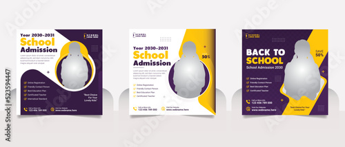 School admission social media post banner, educational social media post square flyer back to school web banner design template set.
