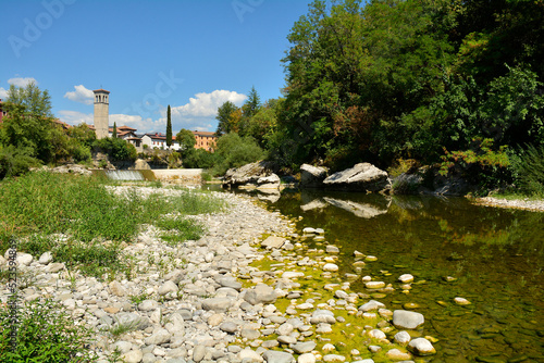The Natisone river during the 2022 drought as it flows through the north east Italian town of Cividale del Friuli, Udine Province, Friuli-Venezia Giulia. Normally a popular swimming spot during the su photo
