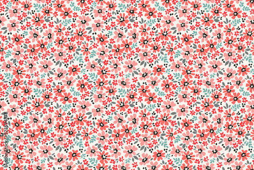 Vintage floral background. Floral pattern with small red pink flowers on a white background. Seamless pattern for design and fashion prints. Liberty style. Stock vector illustration.