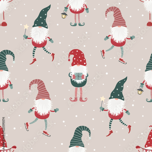 Christmas seamless pattern with scandinavian gnome. Flat style.