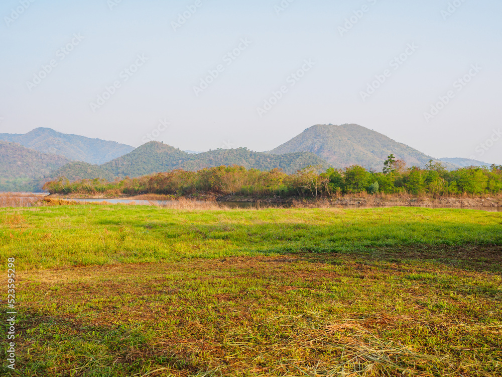 Fototapeta premium empty ground at meadow lakeside.