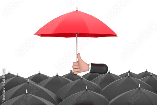 3D. Uniqueness and individuality. Hand holding a red umbrella among people with black umbrellas.