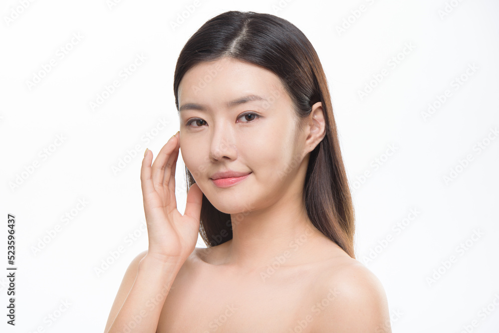Asian woman portrait on white background, face care, face care, facial treatment, cosmetology, beauty and spa Asian woman portrait on white background, face care, face care, facial treatment, cosmetology, beauty and spa