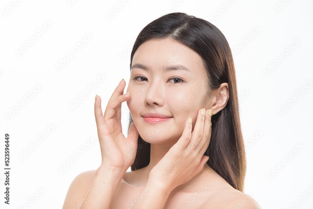 Asian woman portrait on white background, face care, face care, facial treatment, cosmetology, beauty and spa Asian woman portrait on white background, face care, face care, facial treatment, cosmetology, beauty and spa