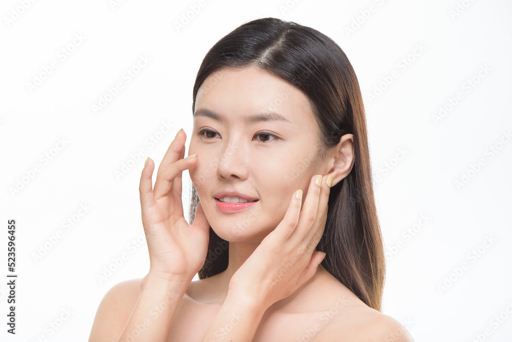 Asian woman portrait on white background, face care, face care, facial treatment, cosmetology, beauty and spa Asian woman portrait on white background, face care, face care, facial treatment, cosmetology, beauty and spa