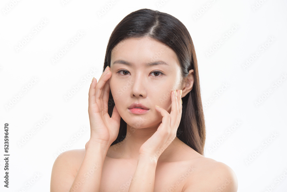 Asian woman portrait on white background, face care, face care, facial treatment, cosmetology, beauty and spa Asian woman portrait on white background, face care, face care, facial treatment, cosmetology, beauty and spa