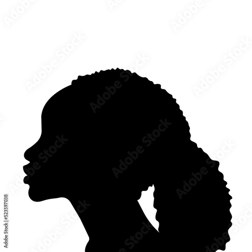 Close up profile silhouette portrait of african american black woman on white background.