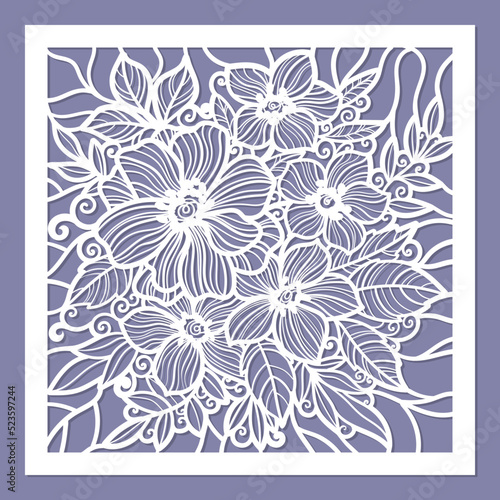 Template for laser cutting. Postcard layout with flowers. For weddinig invitation design, congratulations, menu, decve panels. For utting from any material. Vector