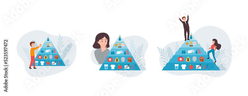 Maslow hierarchy of needs in shape of pyramid, flat vector illustration isolated on white background.