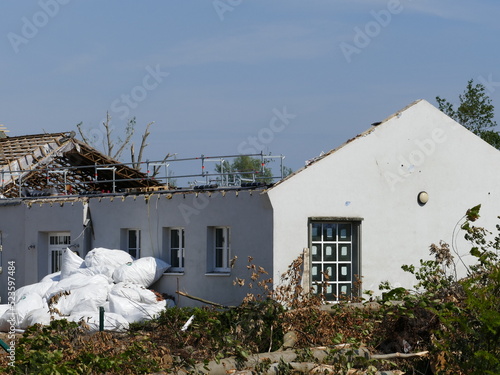 In May 2022, a tornado caused severe damage in Lippstadt, North Rhine-Westphalia, Germany, here the open roof of a school