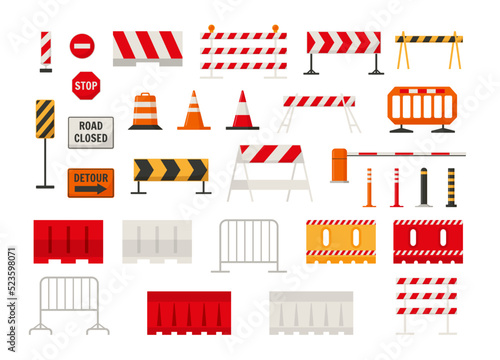 Obraz na plátně Traffic road barriers or barricades set for safety of driving, flat vector illustration isolated on white background