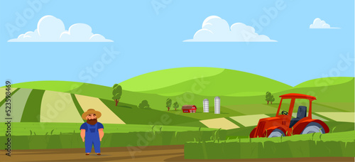 Farmland landscape background with farmer in field, flat vector illustration.