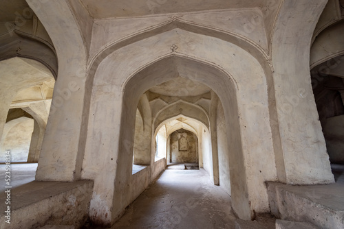 The stone arches of a hall at the ancient historic heritage site of Golconda Fort in Hyderabad.