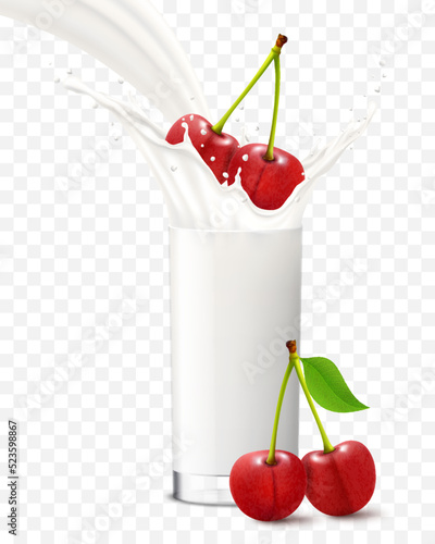 Cherry falling in a glass of milk or yogurt. Sweet milk splashes. Fruit milkshake advertising banner, yogurt jet, flying drops, white drink in glass cup, Realistic 3d vector illustration, isolated