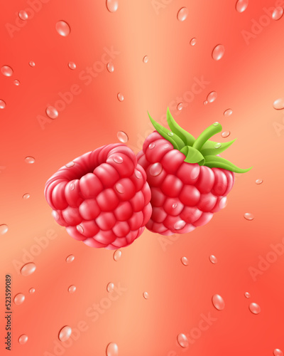 Ripe raspberries. Background of fresh raspberries and drops of water. Seamless pattern for your design. Realistic 3d vector illustration. Close-up. Packaging design elements.