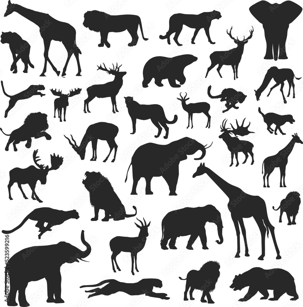 Wild animals black silhouettes set with lion elephant cheetah and deer