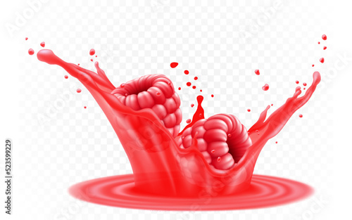 Red fresh raspberries in a splash of juice or yogurt. Fresh berry falls into the juice. 3d realistic vector illustration, isolated on white background. Sweet food. Organic fruit.